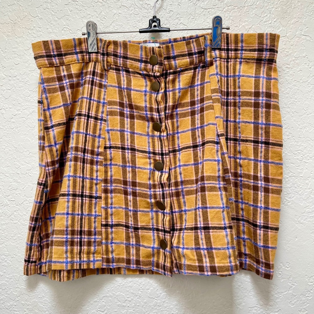 Unique Vintage Plaid‎ Snap Front Mini Skirt Women Size 2X/18 Yellow Flannel